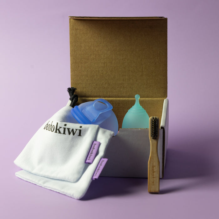     Bohokiwi menstrual cup and disc set with cotton storage bags, bamboo cleaning brush and gift box