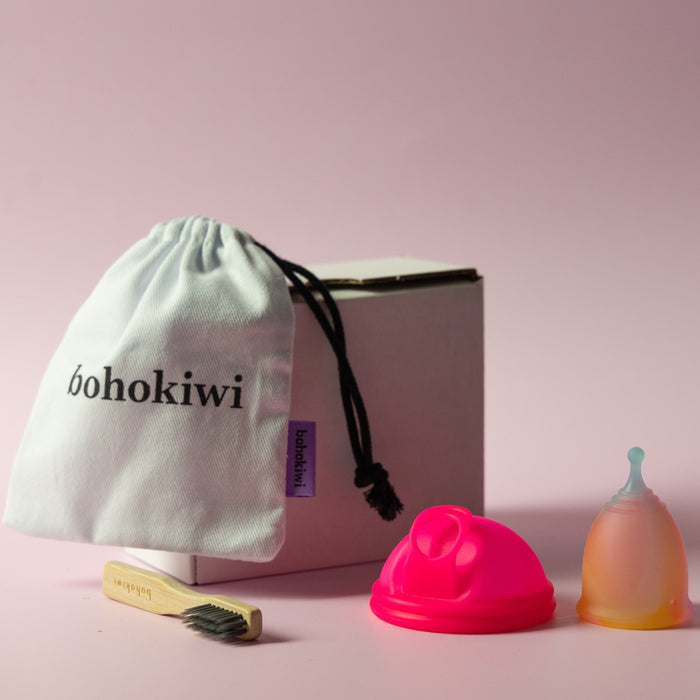     Bohokiwi menstrual cup and disc with cotton storage bag and bamboo cleaning brush