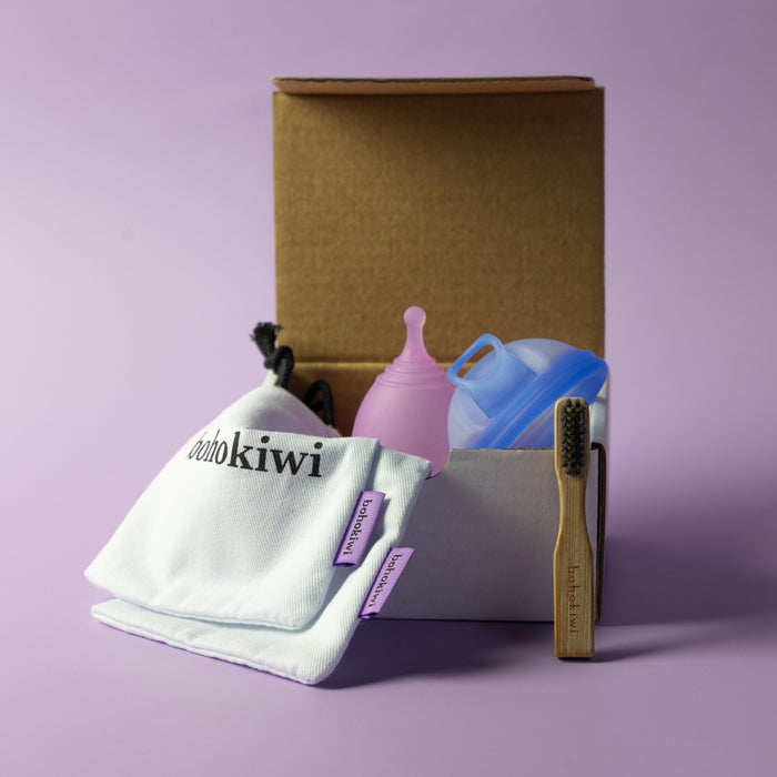     Bohokiwi menstrual cup and disc set with cotton storage bags, bamboo cleaning brush and gift box