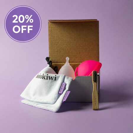     Bohokiwi menstrual cup and disc set with bamboo cleaning brush, cotton storage bags and gift box