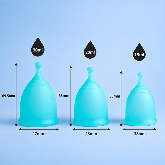 bohokiwi menstrual cup size guide comparing Mini, Regular and Large cup sizes