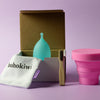     Bohokiwi menstrual cup set with pink collapsible steriliser, bamboo cleaning brush and cotton storage bag