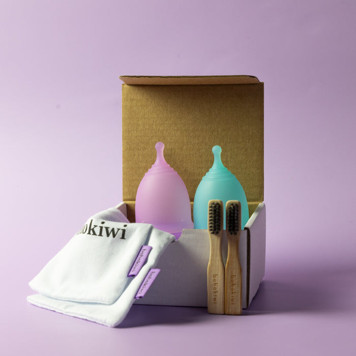bohokiwi bamboo cleaning brushes with double menstrual cup set  and cotton storage bags