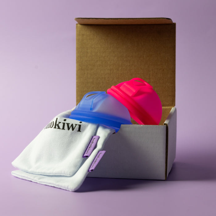     Bohokiwi blue and pink menstrual discs with cotton storage bags and box
