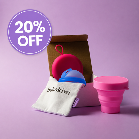 Bohokiwi Ocean Blue menstrual disc with Pink round carrier case, Hot Pink collapsible steriliser and cotton storage bag, with 20% off promotion