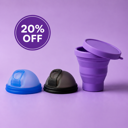 Bohokiwi double menstrual disc set with Ocean Blue and Midnight Black discs and Purple collapsible steriliser, with 20% off promotion