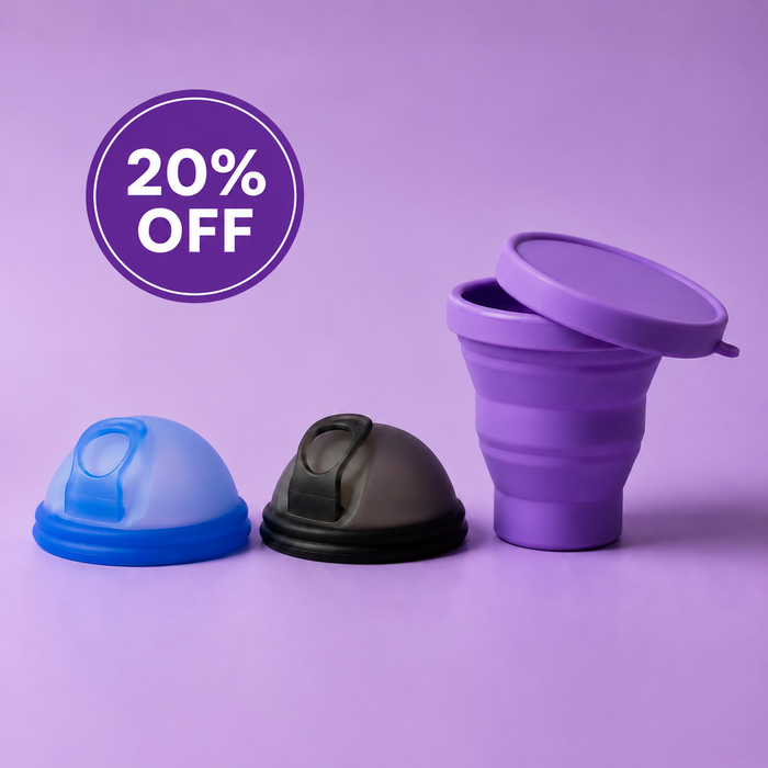 Bohokiwi double menstrual disc set with Ocean Blue and Midnight Black discs and Purple collapsible steriliser, with 20% off promotion