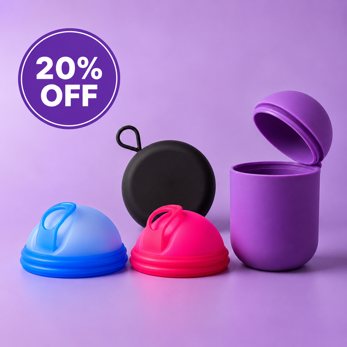 Bohokiwi double menstrual disc set with Dark Purple steriliser pod and Black round carrier case, with 20% off promotion