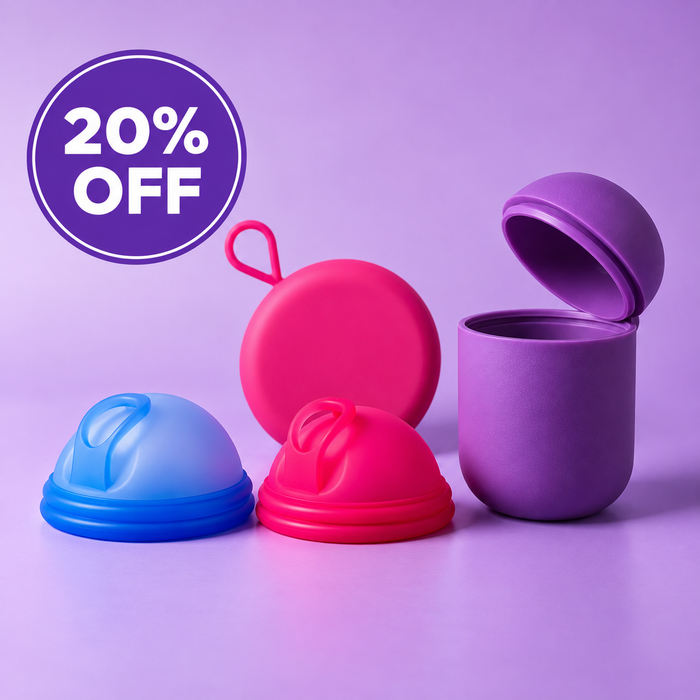 Bohokiwi double menstrual disc set with Dark Purple steriliser pod and Pink round carrier case, with 20% off promotion