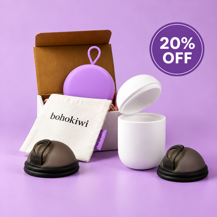 Bohokiwi double menstrual disc set with steriliser pod, Purple round carrier case and cotton storage bag, with 20% off promotion