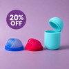 Bohokiwi double menstrual disc set with Ocean Blue and Neon Pink discs and Aqua Blue steriliser pod, with 20% off promotion