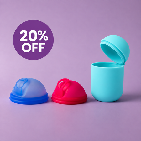 Bohokiwi double menstrual disc set with Ocean Blue and Neon Pink discs and Aqua Blue steriliser pod, with 20% off promotion