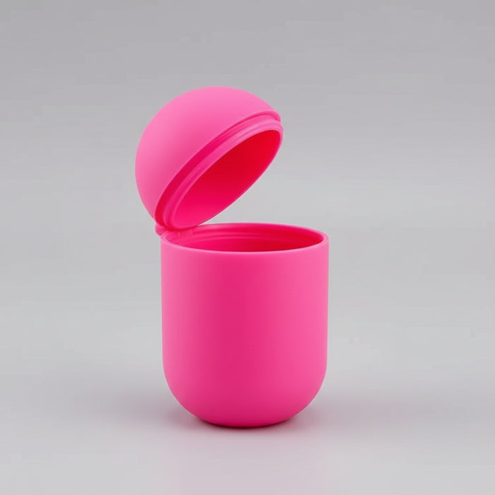 Bohokiwi Electric Pink menstrual cup and disc steriliser pod shown open