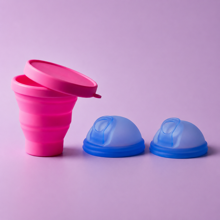 Bohokiwi Hot Pink collapsible steriliser with two Ocean Blue reusable menstrual discs