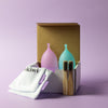 Bohokiwi Lavender and Sapphire Blue menstrual cup twin pack with cotton storage bags and bamboo cleaning brushes