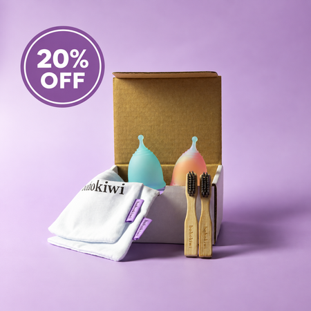 Bohokiwi reusable menstrual cup twin pack with two cups, cotton storage bags and bamboo cleaning brushes, with 20% off promotion