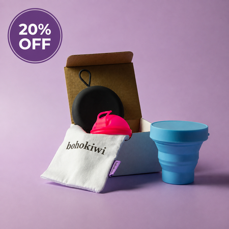 Bohokiwi Neon Pink menstrual disc with Black round carrier case, Sky Blue collapsible steriliser and cotton storage bag, with 20% off promotion