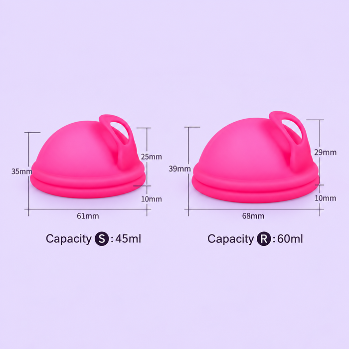 bohokiwi menstrual disc size guide comparing Small 45 ml and Regular 60 ml discs with measurements
