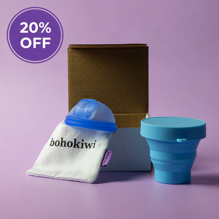 Bohokiwi menstrual disc set with Ocean Blue menstrual disc, Sky Blue collapsible steriliser and cotton storage bag, with 20% off promotion