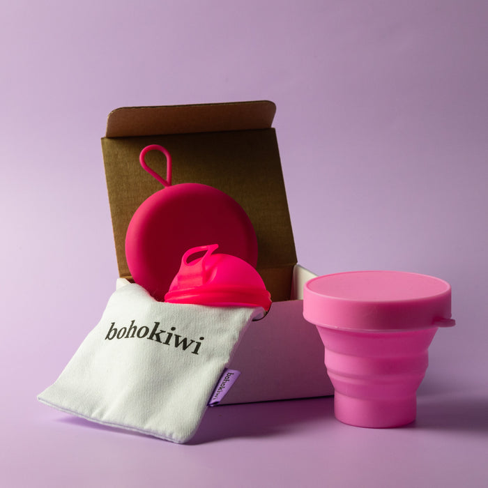 Bohokiwi Neon Pink menstrual disc with Pink round carrier case, Hot Pink collapsible steriliser and cotton storage bag
