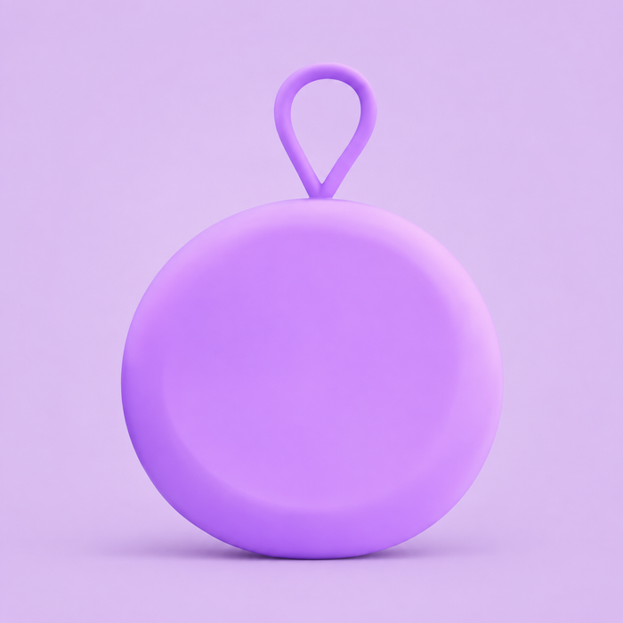 Purple round menstrual disc carrier case with loop handle on a purple background