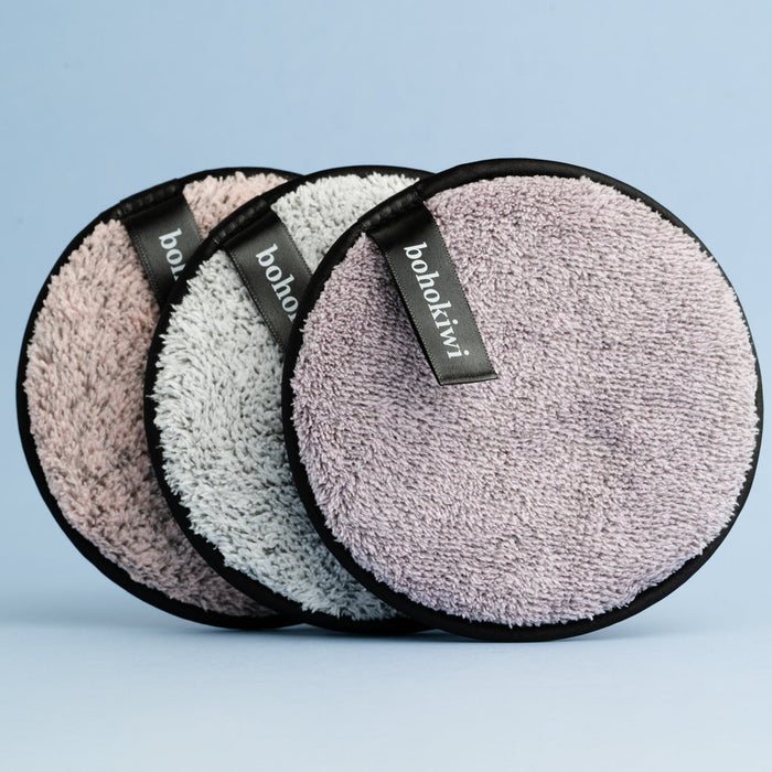 bohokiwi reusable makeup remover pads in Grey, Dusky Pink and Mauve